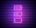 Set of battery neon icon. Charger glowing sign. Vector symbol of low and full battery Royalty Free Stock Photo