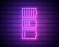 Set of battery neon icon. Charger glowing sign. Vector symbol of low and full battery isolated on brick wall Royalty Free Stock Photo