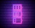 Set of battery neon icon. Charger glowing sign. Vector symbol of low and full battery isolated on brick wall Royalty Free Stock Photo