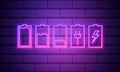 Set of battery neon icon. Charger glowing sign. Vector symbol of low and full battery isolated on brick wall. Royalty Free Stock Photo