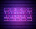 Set of battery neon icon. Charger glowing sign. Vector symbol of low and full battery isolated on brick wall. Royalty Free Stock Photo