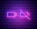 Set of battery neon icon. Charger glowing sign. Vector symbol of low and full battery isolated on brick wall. Royalty Free Stock Photo