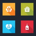 Set Battery with recycle, Eco House recycling, friendly heart and Tag leaf icon. Vector