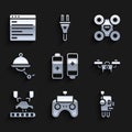 Set Battery, Remote control, Robot, Drone, Robotic robot arm factory, Waiter, and Computer api interface icon. Vector