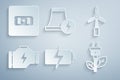 Set Battery, Wind turbine, Check engine, Electric saving plug leaf, Nuclear power plant and Electrical outlet icon Royalty Free Stock Photo