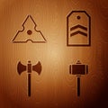 Set Battle hammer, Japanese ninja shuriken, Medieval axe and Chevron on wooden background. Vector