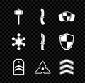 Set Battle hammer, Military knife, Shield, Chevron, Japanese ninja shuriken, rank, Police badge and icon. Vector