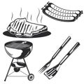Set of bbq elements: grill, meat, fork, sausages for creating your own badges, logos, labels, posters etc. Isolated on white Royalty Free Stock Photo