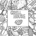 Set of BBQ and grill sketch objects isolated on white background. Hand drawn barbecue elements around text. Grill menu Royalty Free Stock Photo