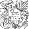 Set of BBQ and grill sketch objects isolated on white background. Hand drawn barbecue elements around text. Grill menu Royalty Free Stock Photo