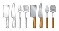 Set BBQ utensils. Spatula, fork, knifes. Vector color engraving Royalty Free Stock Photo