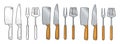 Set BBQ utensils. Spatula, fork, knifes. Vector color engraving Royalty Free Stock Photo