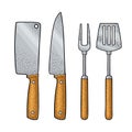 Set BBQ utensils. Spatula, fork, knifes. Vector color engraving Royalty Free Stock Photo