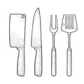 Set BBQ utensils. Spatula, fork, knifes. Vector engraving Royalty Free Stock Photo