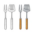 Set BBQ utensils. Spatula, fork. Vector engraving isolated on white Royalty Free Stock Photo