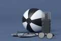 Set of beach accessories like flip flops, sunglasses and ball on black and white Royalty Free Stock Photo