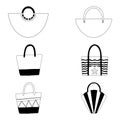 Set of beach bags in the style of Doodle illustration.Black and white image.The coloring of the handbags.Outline drawing by hand.