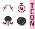 Set Beach ball, Picnic table with benches, Jellyfish and Compass icon. Vector