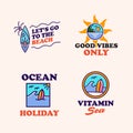 Set of Beach holiday simple line label vector image, summer tropical retro vintage hipstercartoon logo icon illustration