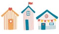 Set of beach houses. Summer card with beach huts. Beach Bungalow Hotel with Different Exterior. Attributes for a beach holiday on