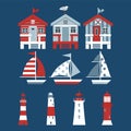 Set of beach huts, sail boats, lighthouses on blue background. Royalty Free Stock Photo