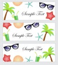 A set of beach items, accessories, tourism, travel banner. Template banner summer theme, beach. Palma, cocktail, starfish