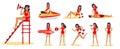 Set of beach lifeguard girl on the beach in different action situations. Vector illustration in flat cartoon style. Royalty Free Stock Photo