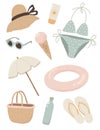 Set of beach objects isolated on white background. Stickers with symbols of summer