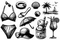 A set beach-themed drawings, including a bikini, sunglasses Royalty Free Stock Photo