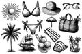 A set beach-themed illustrations, including a palm tree, a ship, a bikini Royalty Free Stock Photo