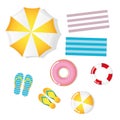 Set of beach utensils parasol lifebelt flip flops and swimming ring