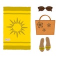 Set of beach yellow towel, wicker bag, sandals and sunglasses, isolated on white background