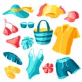 Set of beachwear and swimwear. Summer clothes and accessories.