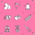 Set Beans, Scythe, Watering can, Flour truck, Seed, Green peas, Farmer hat and Windmill icon. Vector