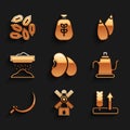 Set Beans, Windmill, Wheat, Watering can, Sickle, Sifting flour, Seed and icon. Vector