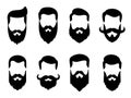 Set bearded hipster men faces with different haircuts, mustaches, beards. Trendy man avatar, silhouettes, heads, emblems Royalty Free Stock Photo