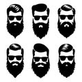 Set bearded hipster men faces with glasses, different haircuts, mustaches, beards. Trendy man avatar, silhouettes, heads Royalty Free Stock Photo