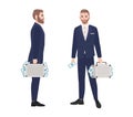 Set of bearded man dressed in smart suit holding briefcase full of money. Wealthy person, rich businessman, millionaire