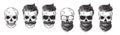 Set of bearded men faces, hipsters with different haircuts mustaches beards skull. Silhouettes emblems icons labels.