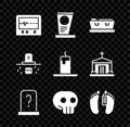 Set Beat dead in monitor, Grave with tombstone, Coffin, Skull, Dead body, coffin and Burning candle icon. Vector