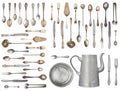 Set of beautiful antique items, old silverware. Retro. Vintage. Isolated on white background Royalty Free Stock Photo