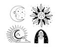 Set of beautiful black mystical elements in boho style, sun and crescent with a face, the moon, a female face with stars. Elements