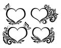 Set of beautiful black-and-white symbol of a heart with floral design and butterfly. Royalty Free Stock Photo