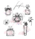 A set of beautiful bottles of perfume. Women`s perfume. Vector watercolor. Elements for design.Template Vector