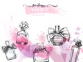 A set of beautiful bottles of perfume. Women`s perfume. Vector watercolor. Elements for design.Template Vector