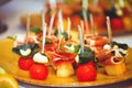 A set of beautiful canapes on golden dishes. Buffet table. Food. Fun. Close-up Royalty Free Stock Photo