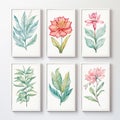 Set of beautiful canvases adorned with colored pastel flowers in elegant frames