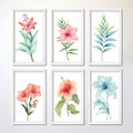 Set of beautiful canvases adorned with colored pastel flowers in elegant frames