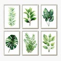 Set of beautiful canvases adorned with colored pastel leaves in elegant frames