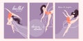 Set of beautiful cards with cartoon ballerina dancer characters in different poses isolated on light background.